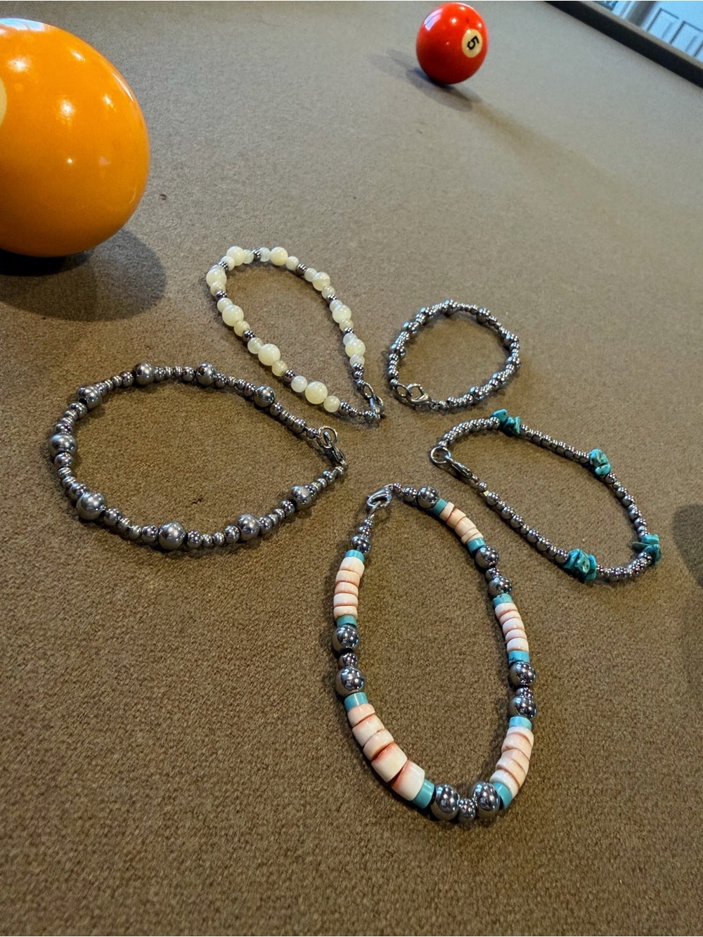 Stainless Steel Bracelet Set - Turquoise, Pink Puka Shell & Yellow Stone